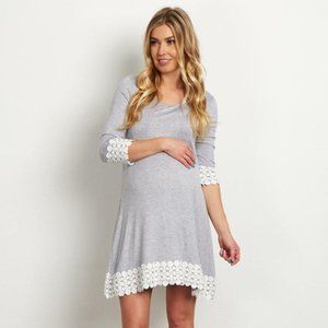 Grey Lace Trim 3/4 Sleeve Maternity Dress